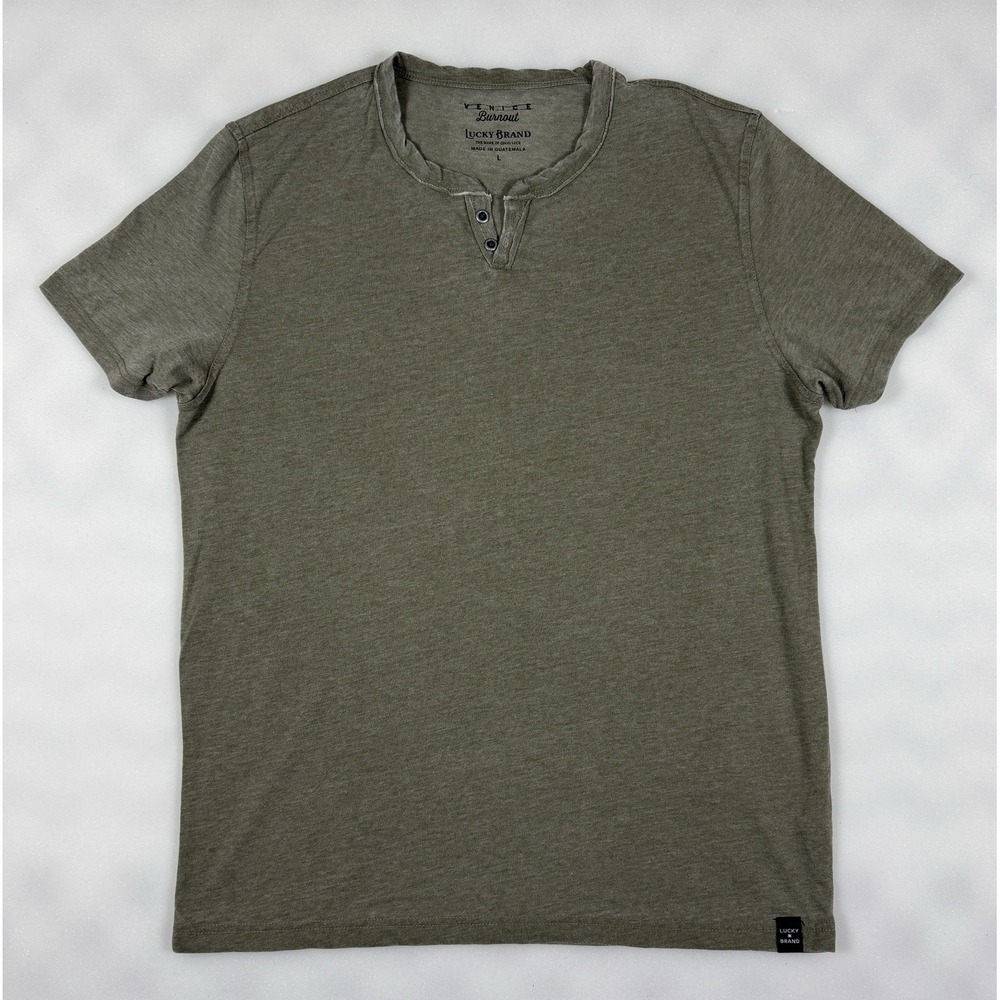 Lucky Brand Shirt Mens L Green Venice Burnout Henley Tee Short Sleeve Jersey